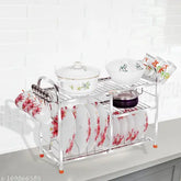 Stainless steel kitchen utensils rack, 3 shelves, 18 x 24 inches lower shelf for plates & cutlery, modular storage for organized kitchen space